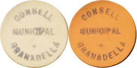 La Granadella. Consell Municipal. 1 y 2 pesetas. (T. 1340a y 1341). 2 monedas en celuloide, serie completa. Rarísimas y más así. EBC.