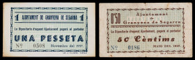 Granyena de Segarra. 50 céntimos y 1 peseta. (T. 1360 y 1361). 2 billetes. Los 50 céntimos, nº 0186. Muy raros. BC+/MBC+.