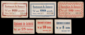 Guimerà. 5, 10, 25, 50 céntimos, 1 y 2 pesetas. (T. 1395, 1396, 1397a, 1398b, 1399a y 1400a). 6 billetes, una serie completa. Los 50 céntimos, nº 0153...