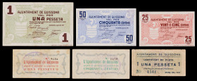Guissona. 25, 50 céntimos (dos) y 1 peseta (tres). (T. 1401a y 1402 a 1406). 6 billetes, todos los de la localidad. Conjunto raro. BC+/EBC.