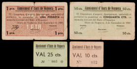 Ibars de Noguera. 10, 25, 50 céntimos y 1 peseta. (T. 1440a, 1441, 1442a y 1443). 2 billetes y 2 cartones, 2 series completas. Numeraciones muy bajas:...