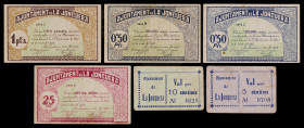 La Jonquera. 5, 10, 25, 50 céntimos (dos) y 1 peseta. (T. 1462a, 1464a y 1465 a 1468). 2 cartones y 4 billetes, una serie completa. Los 25 céntimos, n...