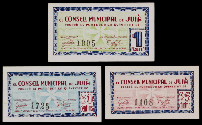 Juià. 25, 50 céntimos y 1 peseta. (T. 1471 a 1473). 3 billetes, todos los de la ...