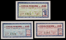 Juià. 25, 50 céntimos y 1 peseta. (T. 1471 a 1473). 3 billetes, todos los de la localidad. Escasos así. EBC/EBC+.