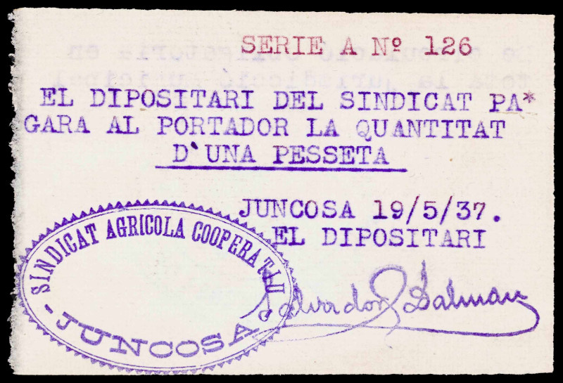 Juncosa de les Garrigues. 1 peseta. (T. 1474b var). Nº 126. Escrito y firmado en...