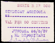 Juncosa de les Garrigues. 50 céntimos. (T. 1475b). Nº 505. Escrito en rojo y violeta. Firmado en violeta. Serie B escrito correctamente, pero sin acen...