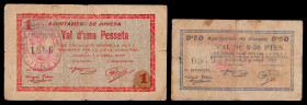 Juneda. 50 céntimos y 1 peseta. (T. 1478a y 1479). 2 billetes, serie completa. Raros. BC/BC+.
