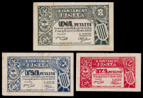 Juneda. 25, 50 céntimos y 1 peseta. (T. 1480 a 1482). 3 billetes, serie completa. Los 50 céntimos, nº 266. Escasos. MBC-/MBC.