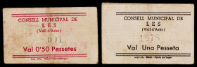 Lés. 50 céntimos y 1 peseta. (T. 1488 y 1491). 2 cartones. Raros. BC+/MBC-.