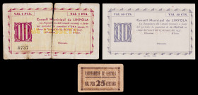 Linyola. 25, 50 céntimos y 1 peseta. (T. 1493a, 1494 var y 1495). 2 billetes, serie completa con el escudo grande, y un cartón, nº 0099. Muy raros. BC...