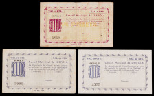 Linyola. 50 céntimos (dos) y 1 peseta. (T. 1496, 1497a y 1498a). 3 billetes, serie completa. Muy raros. MBC-/EBC.