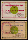 Lladó. 50 céntimos y 1 peseta. (T. 1506c y 1507b). 2 cartones, serie completa. La peseta, nº 0114. Raros. BC/EBC.