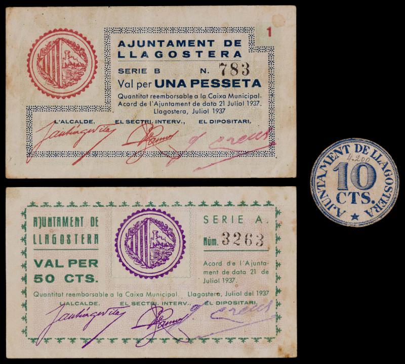 Llagostera. 10, 50 céntimos y 1 peseta. (T. 1516 a 1518). 2 billetes y un cartón...