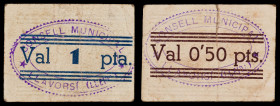 Llavorsí. 50 céntimos y 1 peseta. (T. 1534 y 1535). 2 cartones, serie completa. Raros. BC-/BC+.