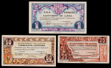 Lleida. 25, 50 céntimos y 1 peseta. (T. 1536 a 1538). 3 billetes, todos los del Ajuntament. MBC-/EBC-.
