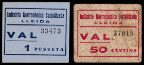 Lleida. Indústria Gastronòmica Socialitzada. 50 céntimos y 1 peseta. (AL. 3455v y 3459v) (RGH. 8367 y 8368). 2 cartones. Escasos. MBC-/EBC.