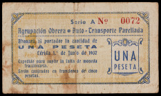 Lleida. Agrupación Obrera. Auto-Transporte Parellada. 1 peseta. (AL. 3465) (RGH. 8378). Nº 0072. Escrito en castellano. Manchitas. Raro. BC+.