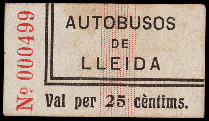 Lleida. Autobusos. 25 céntimos. (AL. 3166) (RGH. 8382). Carton nº 000499. Raro. ...