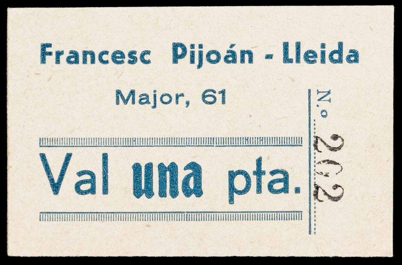 Lleida. Francesc Pijoán. Major, 61. 1 peseta. (Inédito). Cartón nº 202. Muy raro...