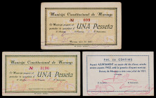 Llorenç de Morunys. 25 céntimos y 1 peseta (dos). (T. 1564e, 1565a y 1566b). 3 billetes, todos los de la localidad. Escasos. MBC-/MBC+.