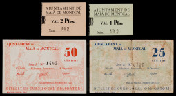 Maià de Montcal. 25, 50 céntimos, 1 y 2 pesetas. (T. 1590a, 1591a, 1592 y 1593). 2 cartones y 2 billetes, todos los de la localidad. El de 2 pesetas, ...