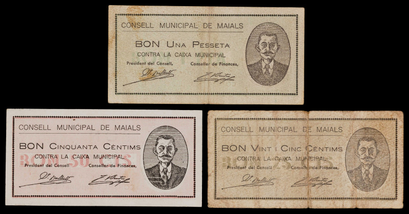 Maials. Consell Municipal. 5, 50 céntimos y 1 peseta. (T. 1595, 1596a y 1597a). ...