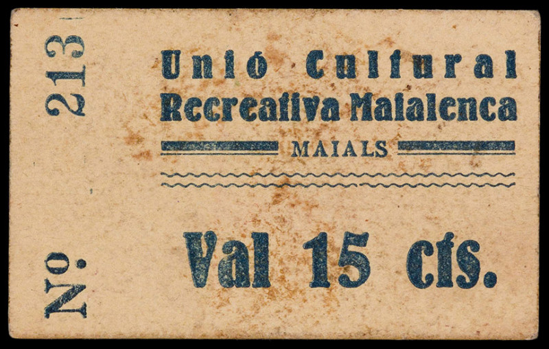 Maials. Unió Cultural Recreativa Maiaenca. 15 céntimos. (AL. 3484) (RGH. 8462). ...