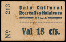 Maials. Unió Cultural Recreativa Maiaenca. 15 céntimos. (AL. 3484) (RGH. 8462). Cartón, nº 213. Raro. MBC-.