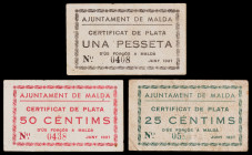 Maldà. 25, 50 céntimos y 1 peseta. (T. 1598 a 1600). 3 cartones, serie completa. La peseta, nº 0408 y los 50 céntimos, nº 0438. Muy raros. MBC-/MBC+....