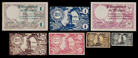 Malgrat. 5, 10, 25, 50 céntimos (dos) y 1 peseta (dos). (T. 1606a, 1607, 1610, 1611a, 1612, 1613a y 1614). 7 billetes, una serie completa. Los 50 cént...