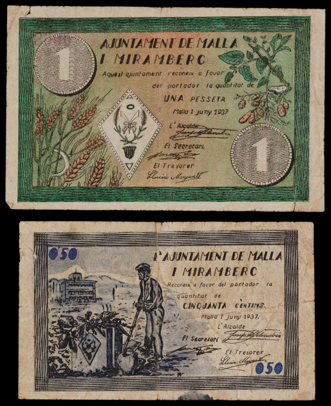 Malla i Miramberc. 50 céntimos y 1 peseta. (T. 1615a y 1616a). 2 billetes, serie...