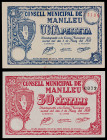 Manlleu. 50 céntimos y 1 peseta. (T. 1618 y 1619d). 2 billetes, todos los de la localidad. Escasos así. EBC-/EBC.