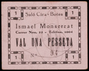 Manresa. Saló Cira = Botes. Ismael Montserrat. 1 peseta. (AL. falta) (RGH. 8547, mismo ejemplar). Cartón, nº 94. Muy raro. MBC.