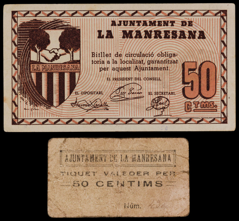 La Manresana. 50 céntimos (dos). (T. 1625 y 1627). Un cartón (muy raro) y un bil...