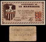 La Manresana. 50 céntimos (dos). (T. 1625 y 1627). Un cartón (muy raro) y un billete. BC/EBC-.