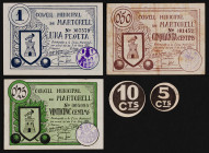 Martorell. 5, 10, 25, 50 céntimos y 1 peseta. (T. 1647, 1648, 1651, 1654 y 1655). 3 billetes y 2 cartones redondos, dos series completas. Conjunto esc...