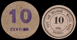 El Masnou. 10 céntimos. (AL. falta) (RGH. falta). 2 cartones redondos: Café Las Delicias-Mateo Roca y J. Famas (éste con la población manuscrita con p...