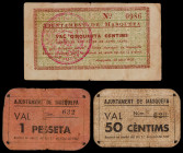 Masquefa. 50 céntimos (dos) y 1 peseta. (T. 1687 a 1689). 2 cartones y un billete, una serie completa. Conjunto muy raro. BC/MBC-.