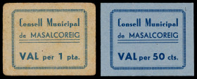 Massalcoreig. 50 céntimos y 1 peseta. (T. 1695 y 1696). 2 cartones. Rarísimos. MBC+/EBC.