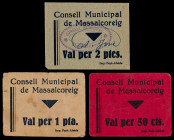 Massalcoreig. 50 céntimos, 1 y 2 pesetas. (T. 1697 a 1699). 3 cartones, serie completa. Ex Colección Catalunya, Áureo 16/05/2007, nº 483. Rarísimos. M...