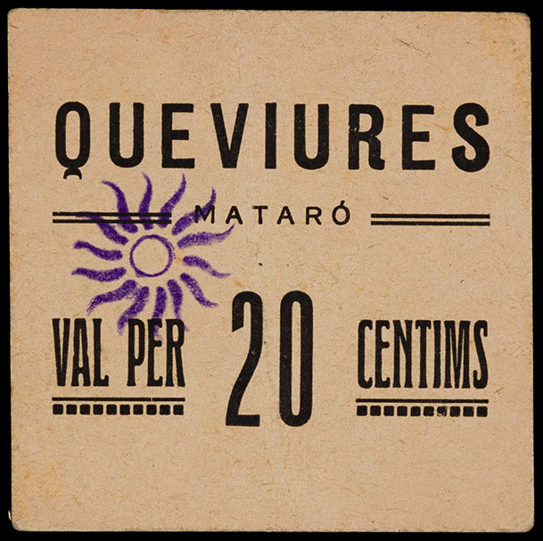 Mataró. Queviures. 20 céntimos. (AL. falta) (RGH. 8671). Cartón. Raro. MBC.