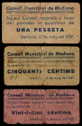 Mediona. 25, 50 céntimos y 1 peseta. (T. 1712, 1713a y 1714a). 3 cartones, todos los de la localidad. Los 50 céntimos, nº 51 y los 25 céntimos, nº 102...