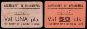 Menarguens. 50 céntimos y 1 peseta. (T. 1717 y 1718). 2 cartones, serie completa. Muy raros. MBC-/MBC.