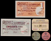 Molins de Llobregat. 5, 10, 25, 50 céntimos y 1 peseta. (T. 1729 a 1731, 1732f y 1733a). 2 billetes y 3 cartones (dos redondos), todos los de la local...
