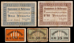 Mollerussa. 25, 50 céntimos (dos) y 1 peseta (dos). (T. 1734 a 1738 ). 5 cartones, todos los de la localidad. Conjunto raro. BC-/MBC+.