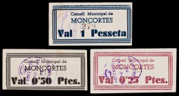 Moncortés. 25, 50 céntimos y 1 peseta. (T. 1741 a 1743). 3 cartones. Muy raros y más así. EBC-/EBC+.