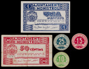 Monistrol de Montserrat. 10, 15, 25, 50 céntimos y 1 peseta. (T. 1750b y 1751 a 1754). 2 billetes y 3 cartones redondos, todos los de la localidad. Co...