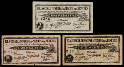 Monjos del Penedès. 25, 50 céntimos y 1 peseta. (T. 1755 a 1757). 3 billetes, serie completa. Raros. BC+/MBC+.