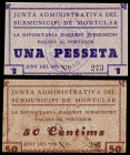Montclar. 50 céntimos y 1 peseta. (T. 1798b, mismo ejemplar y 1799a). 2 billetes, serie completa. Nº 273 y 287. Muy raros. MBC-/EBC.