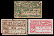 Montellà y Martinet. 25, 50 céntimos y 1 peseta. (T. 1800c, 1802 y 1803a). 3 billetes. Raros. BC-/EBC+.